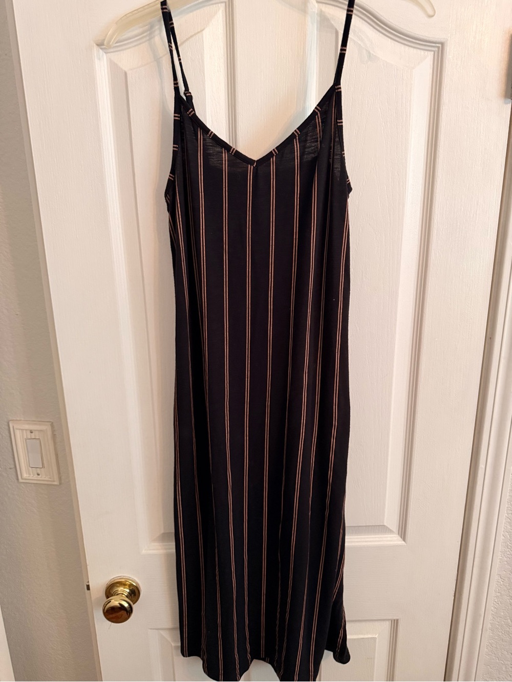 Roxy Black Slip Midi Dress with Tan Pinstripes